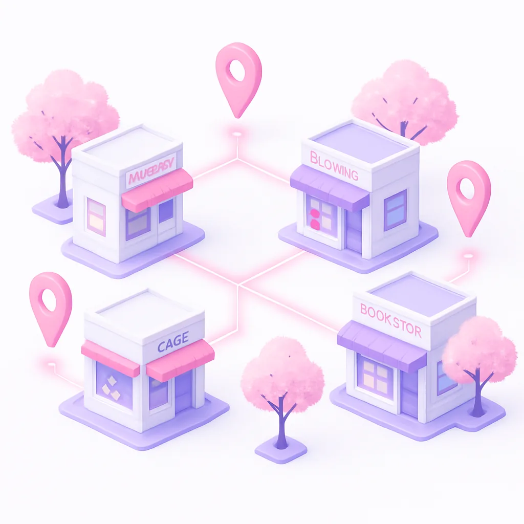 Ilustración de un barrio con comercios conectados en un mapa digital